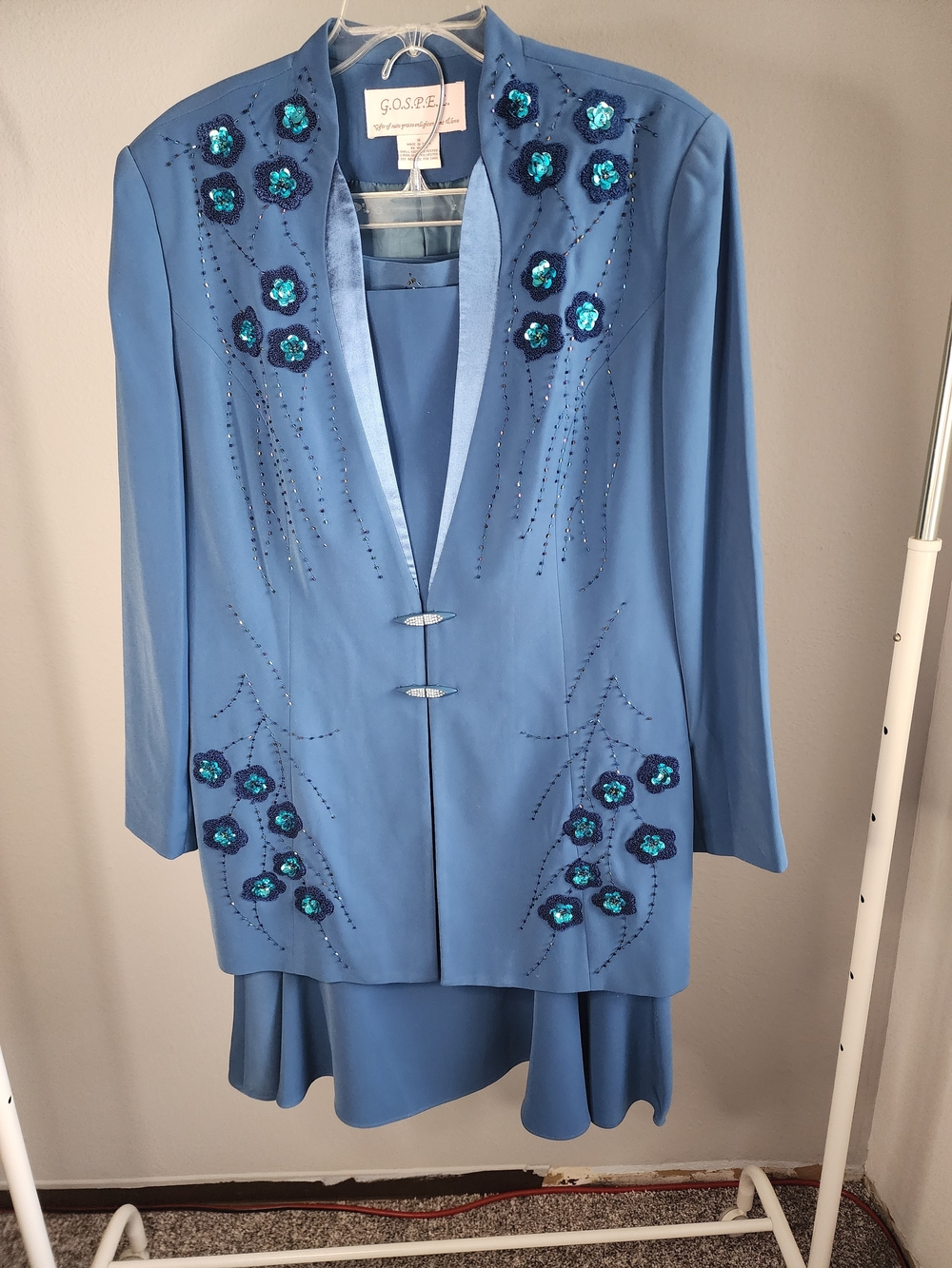 Women's Blue Embellished Floral Blazer & Skirt Set